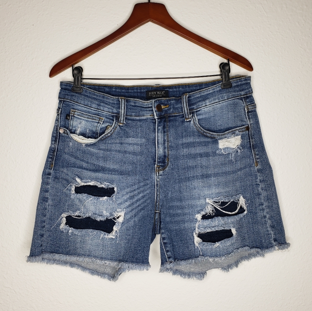 Judy Blue Cotton Distressed Denim Patch Cutoff Side Slit Shorts Patched Size XL